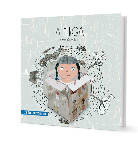 Book cover of La Minga illustrates a girl in a box.