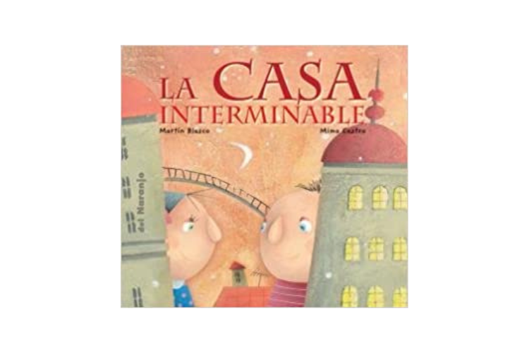 Book cover of La Casa Interminable with an illustration of two children watching each other.