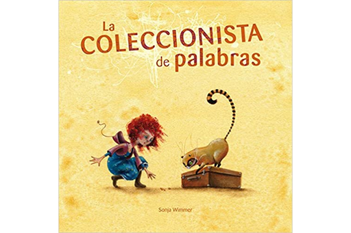 Book cover of La Coleccionista de Palabras with an illustration of a cat and a girl bending down.