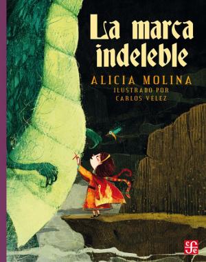 Book cover of La Marca Indeleble with an illustration of a girl petting a dragon.