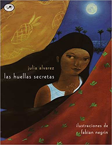 Book cover of Las Huellas Secretas with an illustration of a girl surrounded by different fabrics with the night sky showing behind her. 
