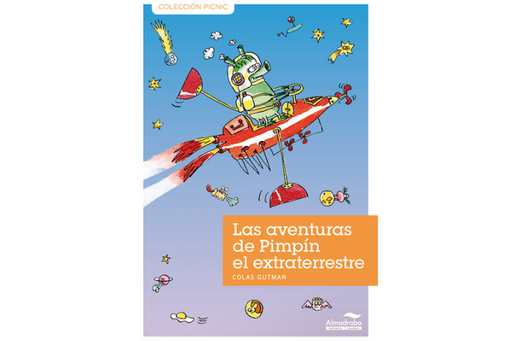 Book cover of Las Aventuras de Pimpin el Extraterrestre with an illustration of an alien in a rocket.