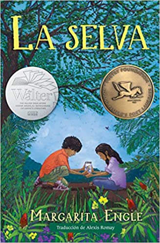 Book cover of La Selva with an illustration of two children holding a jar in the middle of the jungle.