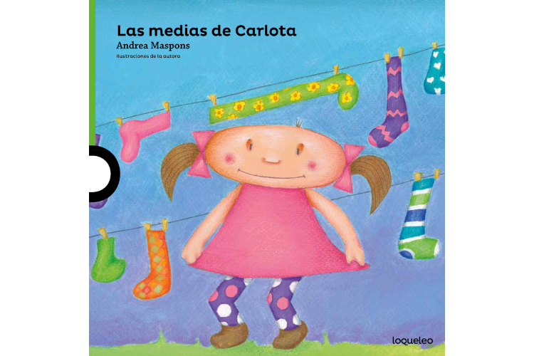 Book cover of Las Medias de Carlota with an illustration of a little girl standing in front of a clothesline of different patterned socks.