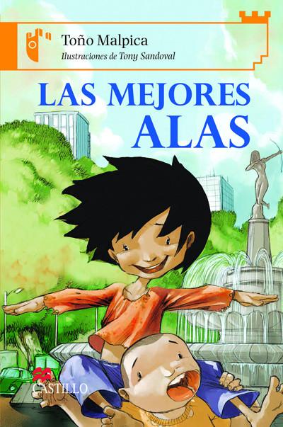 Book cover of Las Mejores Alas with an illustration of two boys playing outside by a fountain.