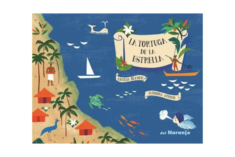 Book cover of La Tortuga de la Estrella with an illustration of the beach and the ocean.