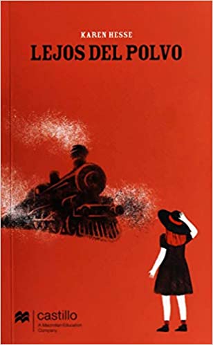 Book cover of Lejos del Polvo with an illustration of a girl watching a train.