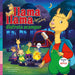 Book cover of Llama Llama Disfruta Acampar with an illustration of a giraffe, a sheep, and four llamas  having a campfire.