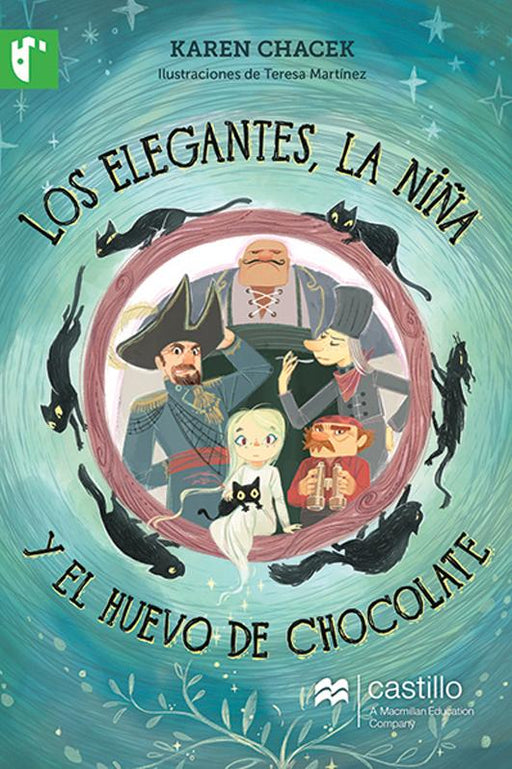 Book cover of Los Elegantes la Nina y el Huevo de Chocolate with an illustration of pirates and a little girl.