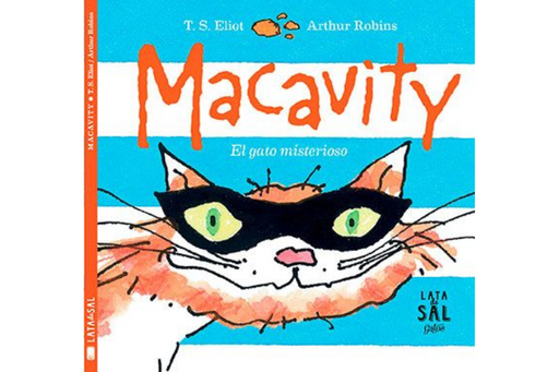 Book cover of Macavity el Gato Misterioso with an illustration of a cat wearing an eye mask.