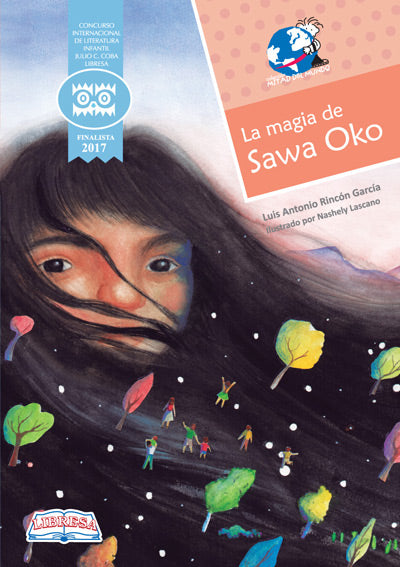 Book cover of La Magia de Sawa Oko with an illustration of a girl with little people of trees and people  in her hair.