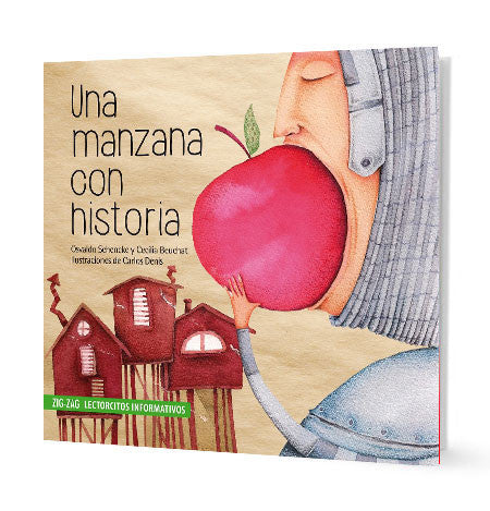 Book cover of Una Manzana con Historia with an illustration of  a person biting into a big apple