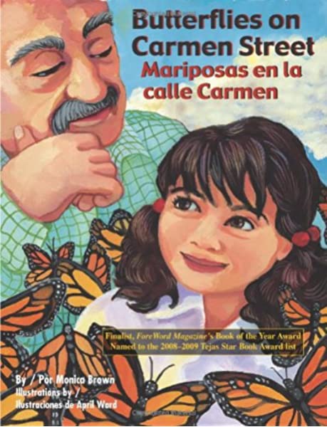 Book cover of Mariposas en la Calle Carmen with an illustration of a girl and her grandpa with butterflies around them.