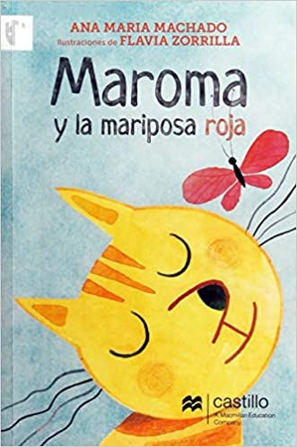 Book cover of Maroma y la Mariposa Roja with an illustration of a cat smelling a butterfly.