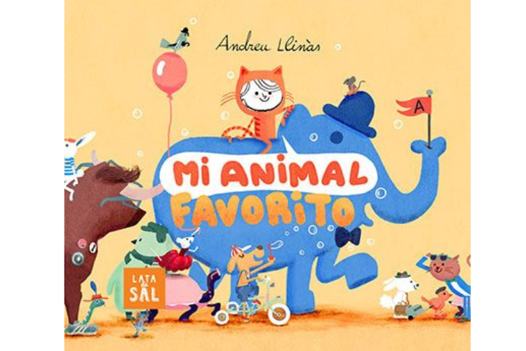 Book cover of Mi Animal Favorito with an illustration of a person dressed in a cat costume riding an elephant followed by other animals.