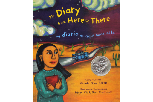 Book cover of Mi Diario de Aqui Hasta Alla with an illustration of a girl holding her diary while a car drives away.