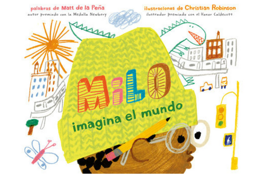 Book cover of Milo Imagina el Mundo with an illustration of a child wearing a beanie with art doodles around him.