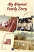Book cover of My Migrant Family Story/La Historia de mi Familia Migrante with three photographs. One photo is of a group of pople standing with water buckets, one photo is of someone climbing a ladder and picking fruit from a tree, the other photograph is of poeple in a field picking vegetables.