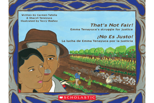 Book cover of No es Justo/That's not Fair with an illustration of an old man at a farm.