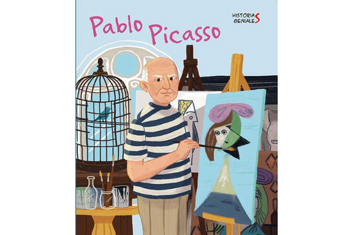 Book cover of Pablo Picasso with an illustration of him painting one of his famous abstract pieces of art.
