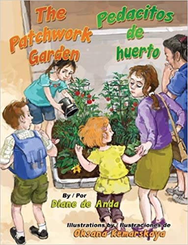Book cover of Pedacitos de Huerto with an illustration of children around a garden.