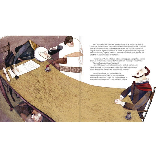 Inside book pages show text and illustrates Pedro sitting at a table with a man.