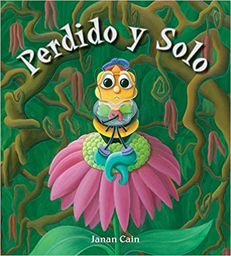 Book cover of Perdido y Solo with an illustration of a scared bee sitting on a flower.
