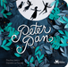 Book cover of Peter Pan with an illustration of leaves and four kids flying across the moon.
