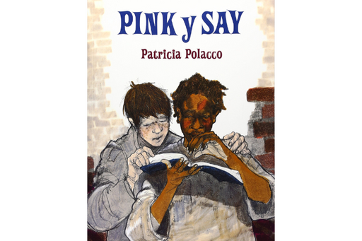 Book cover of Pink y Say with an illustration of two people reading a book.
