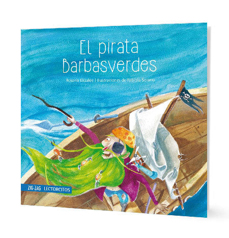 Book cover of El Pirata Babasverdes with an illustration of a pirate in his ship on the ocean.