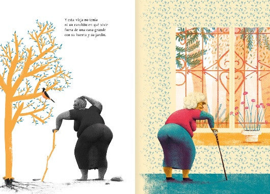 Inside pages show text and illustrations of  an old lady looking out a window on one page and looking up at a tree on the other.