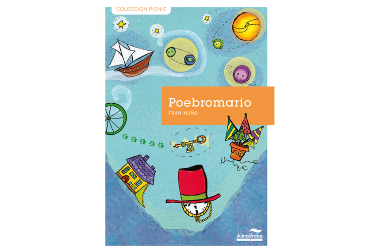 Book cover of Poebromario with illustrations of random objects, such as a boat, a house, and a flower pot.