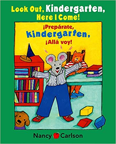 Book cover of Perparate, Kindergarten! Alla Voy! with an illustration of a mouse standing in front of his cat teacher's desk. 