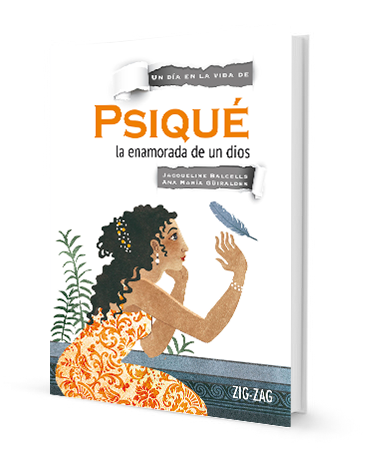 Book cover of Psique, la Enamorada de un Dios with an illustration of  a woman in a dress with a feather in her hand.