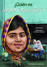 Book cover of Quien es Malala Yousazai with an illustration of three people sitting in a classroom.