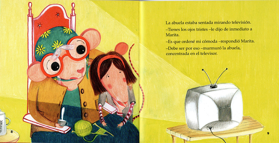 Inside pages show text and an illustration of a grandma rat and little girl rat watching a tv.
