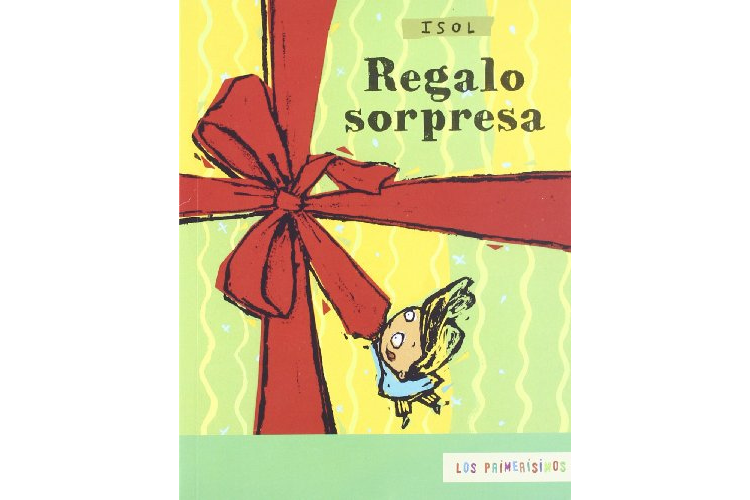 Book cover of Regalo Sorpresa with an illustration of a a boy holding onto a bow, that's appearing to be wrapped around the cover of the book.