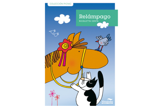 Book cover of Relampago with an illustration of a cat petting a horse.