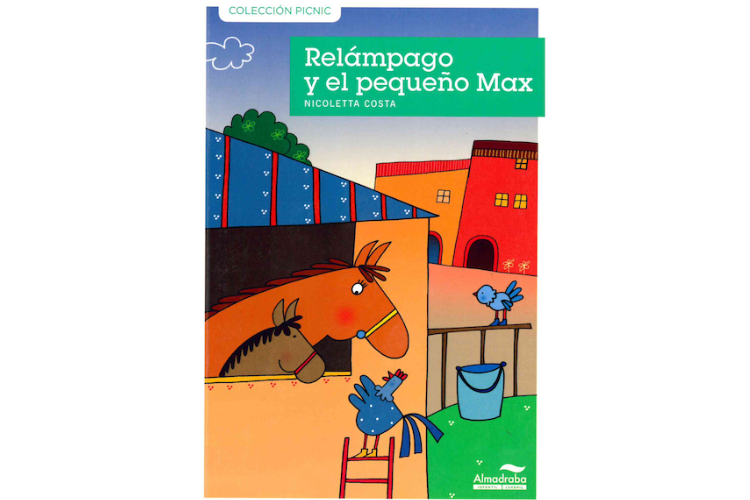 Book cover of Relampago y el Pequeno Max with an illustration of two horses in a stable being talked to by a chicken.