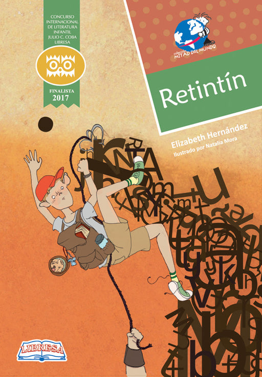 Book cover of Retintin with an illustration of a boy climbing a giant pile of letters of the alphabet.