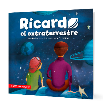 Book cover of Ricardo el Extraterrestre with an illustration of two people sitting on a planet in outer space.
