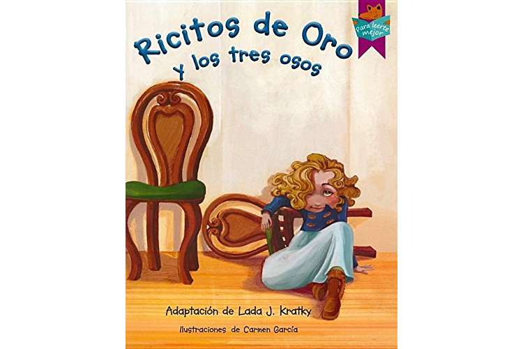 Book cover of Ricitos de oro y los tres Osos a girl sitting on the floor with fallen chair behind her.