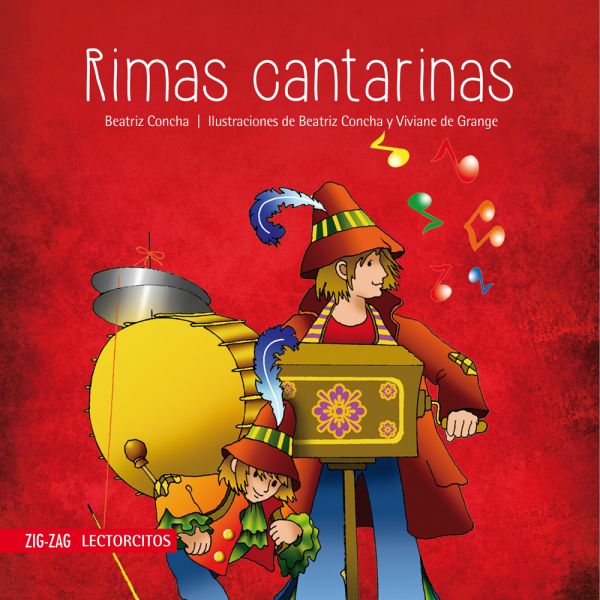 Book cover of Rimas Cantarinas with an illustration of a girl holding an instrument and another girl hoding a giant drumb on her back.