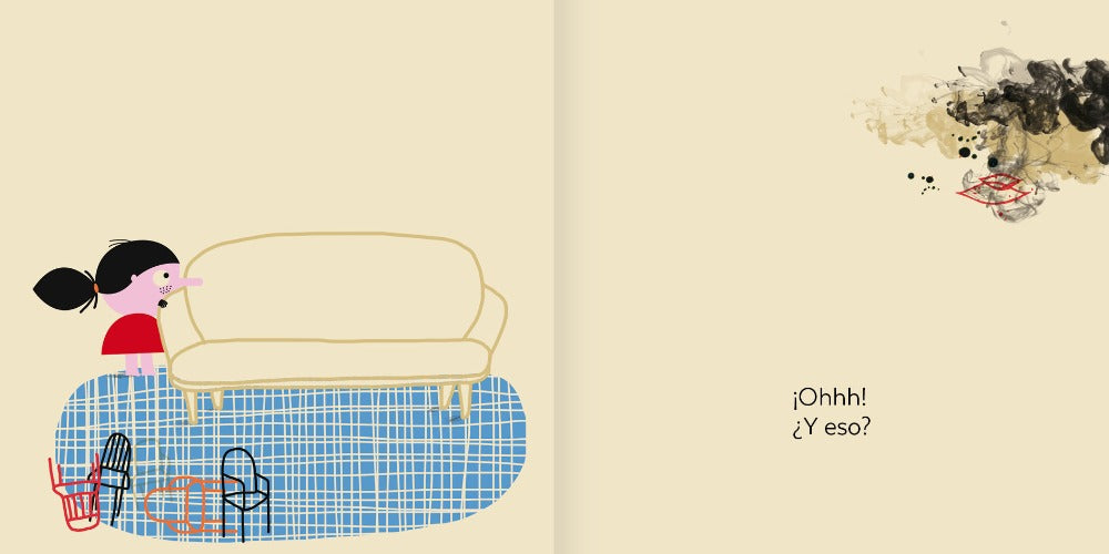 Book page illustrates rita hiding behind a couch.