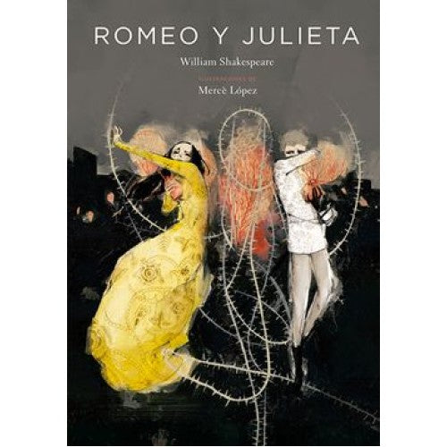 Book cover of Romeo y Julieta with an illustration of two people and barbed wire.