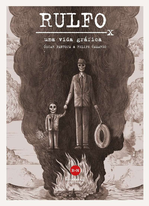 Book cover of Rulfo with an illustration of a skeleton man and a skeleton boy holding hands.