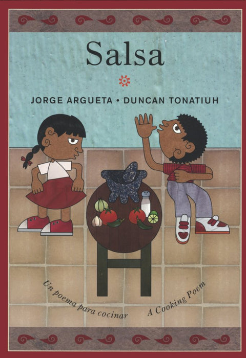 Book cover of Salsa with an illustration of two people standing in a kitchen with a mixing bowl and vegetables pictured in between the two people.