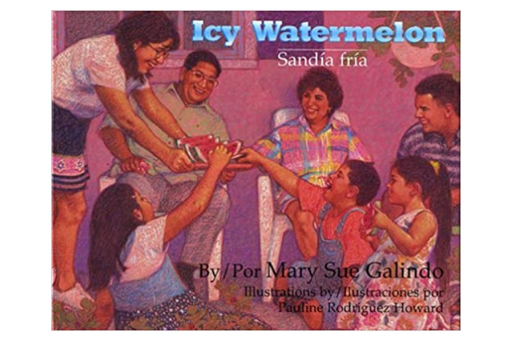 Book cover of Sandia Fria/Icy Watermelon with an illustration of a group of people grabbing a slice of watermelon off an serving tray that someone is holding out.