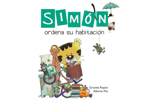 Book cover of Simon Ordena su Habitacion with an illustration of a tiger with his toys.