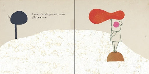 inside pages of book depicting a little boy with red hair staring at the horizon.illustration